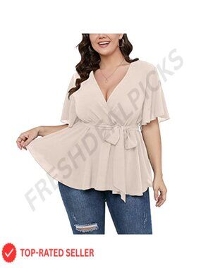 Plus Size Wrap Ruffle Peplum Blouse Short Sleeve V-Neck Top